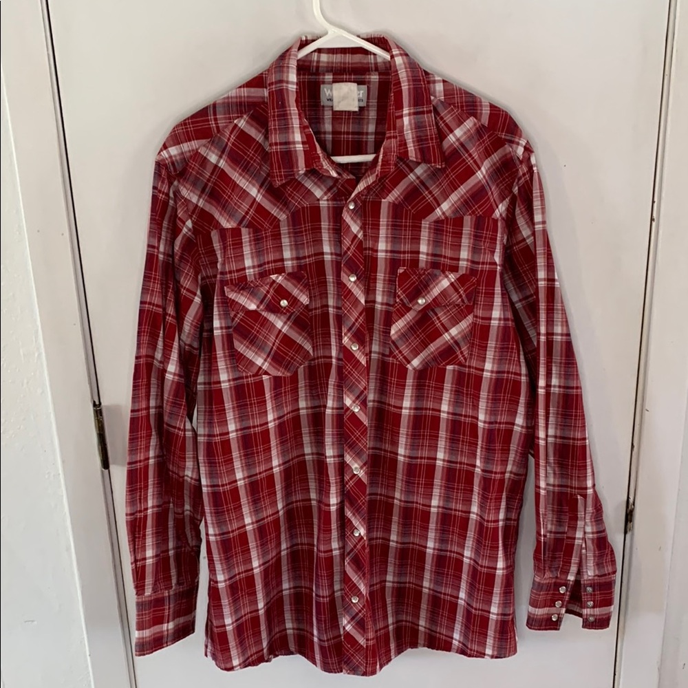 Wrangler dark red plaid long sleeve button down western shirt Size XL Tall